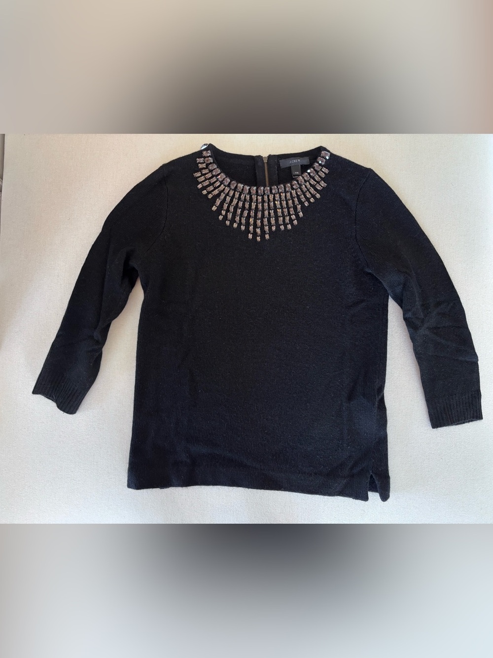 J. Crew black wool sweater embellished crystals neckline